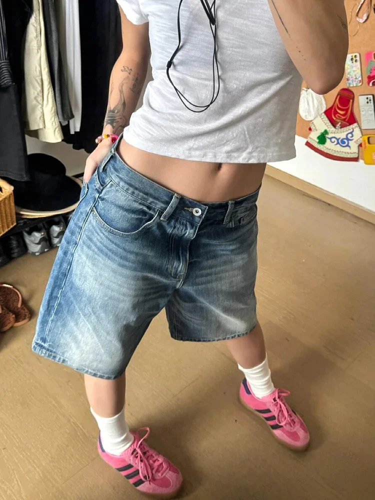 Retro Blue Denim Shorts Loose For Women  Fashion Casual Summer Knee Length Short Wide Leg Pants Baggy Jeans Jorts Teen Student