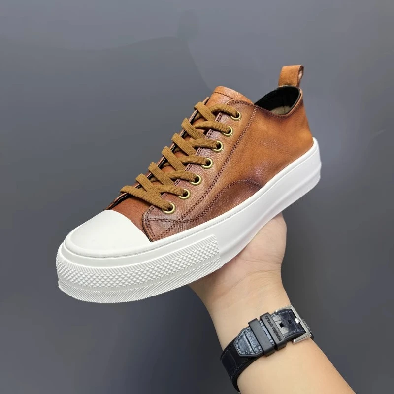 

New Men's Shoes Spring Autumn Retro Casual Lace Up Low Top Genuine Leather Comfortable Outdoor Breathable Sport Shoes Male