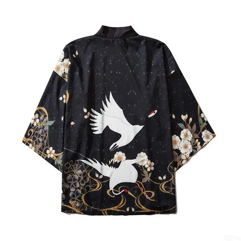 China China-Chique Vintage Wind Kraan Landschap Schilderij Veer Weven Kimono Mantel Taoïstische Gewaad 3D Afdrukken Half Mouw Vest