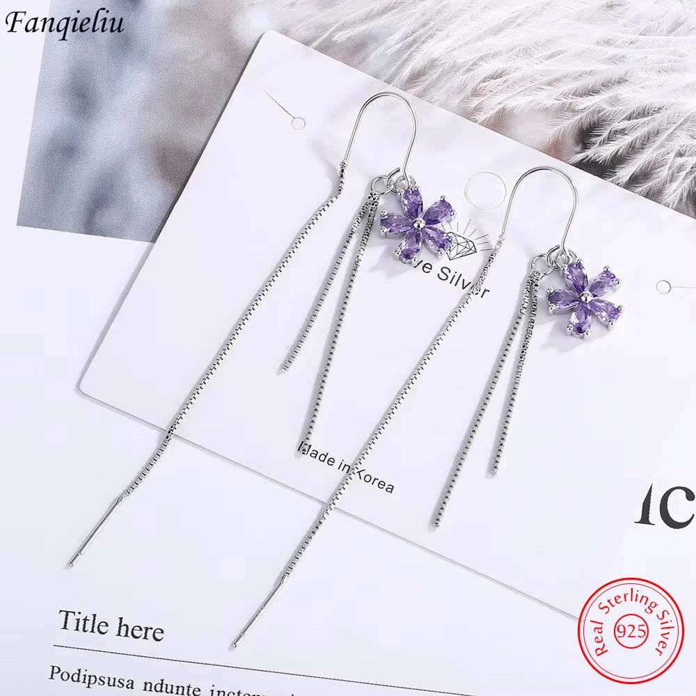 

Real 925 Sterling Silver Jewelry New Original Fashion Long Crystal Flower Drop Earrings For Women FQL21463