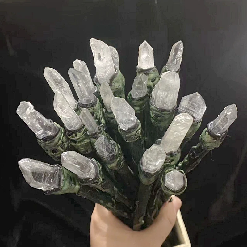 Black Wood Wand Stick Fairy Irregular Rough Stone Witchcraft Supplies for Altar Wicca Magic Fairy Stick Wand Point Clear Quartz