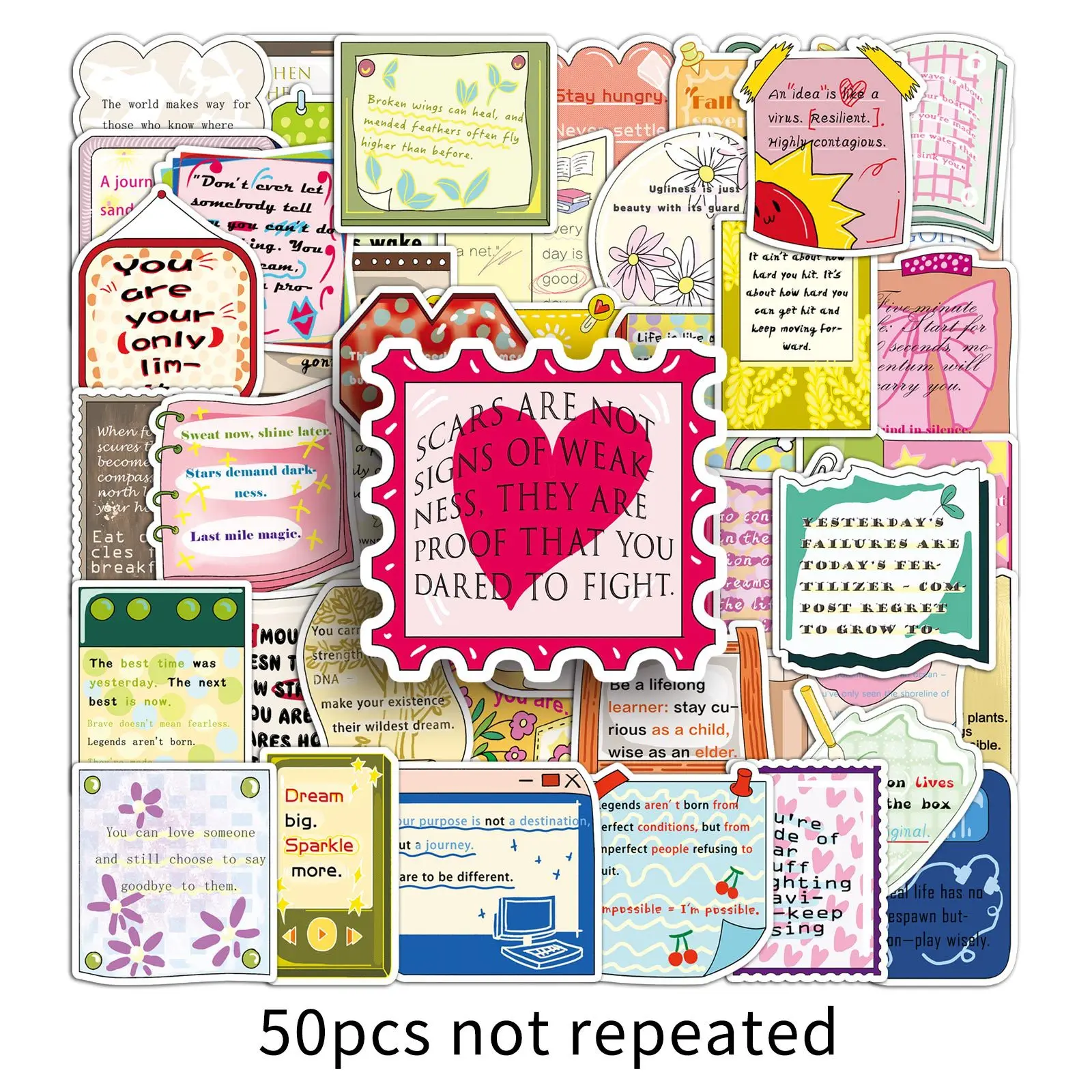 สติกเกอร์ตกแต่งลายการ์ตูนคำคมสร้างแรงบันดาลใจภาษาอังกฤษ 50 ชิ้น กันน้ำ สำหรับตกแต่งสมุดภาพและแล็ปท็อป