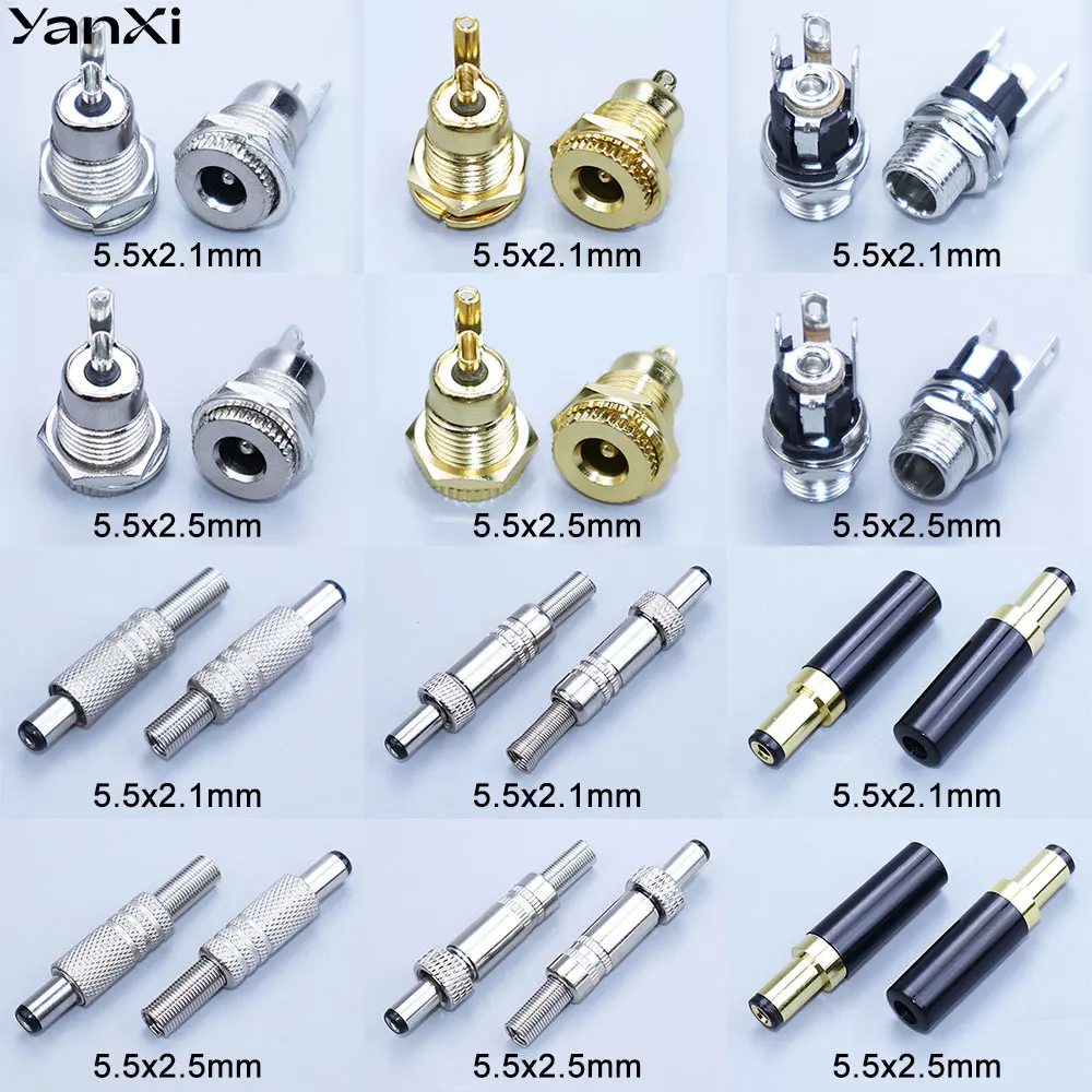 YanXi Gold Plated DC Jack 5.5X2.1mm / 5.5 X 2.5mm DC Power Plug DIY Soldering Socket Metal Connector Adapter With Thread Lock
