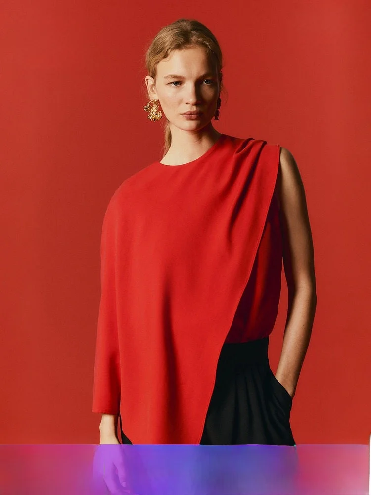 

Asymmetric Women's Shirt H&M Casual Style Polyester Fiber Long Sleeve round Neck Pullover Spring 2026 New Summer Collection
