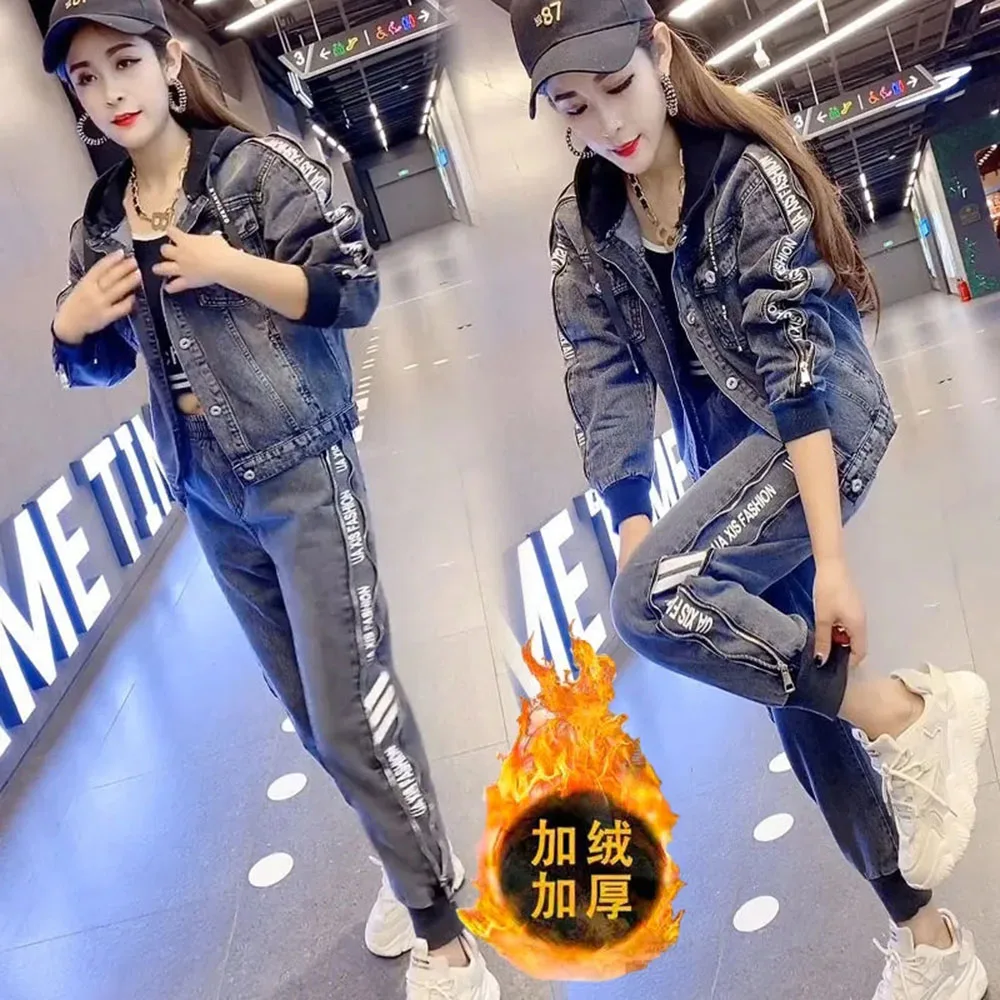 Winter 2 Piece Sets Women Outfit Hooded Denim Jackets Women's+Chic Zipper Pencil Jeans Street Oversized Denim Trousers Suit 6XL