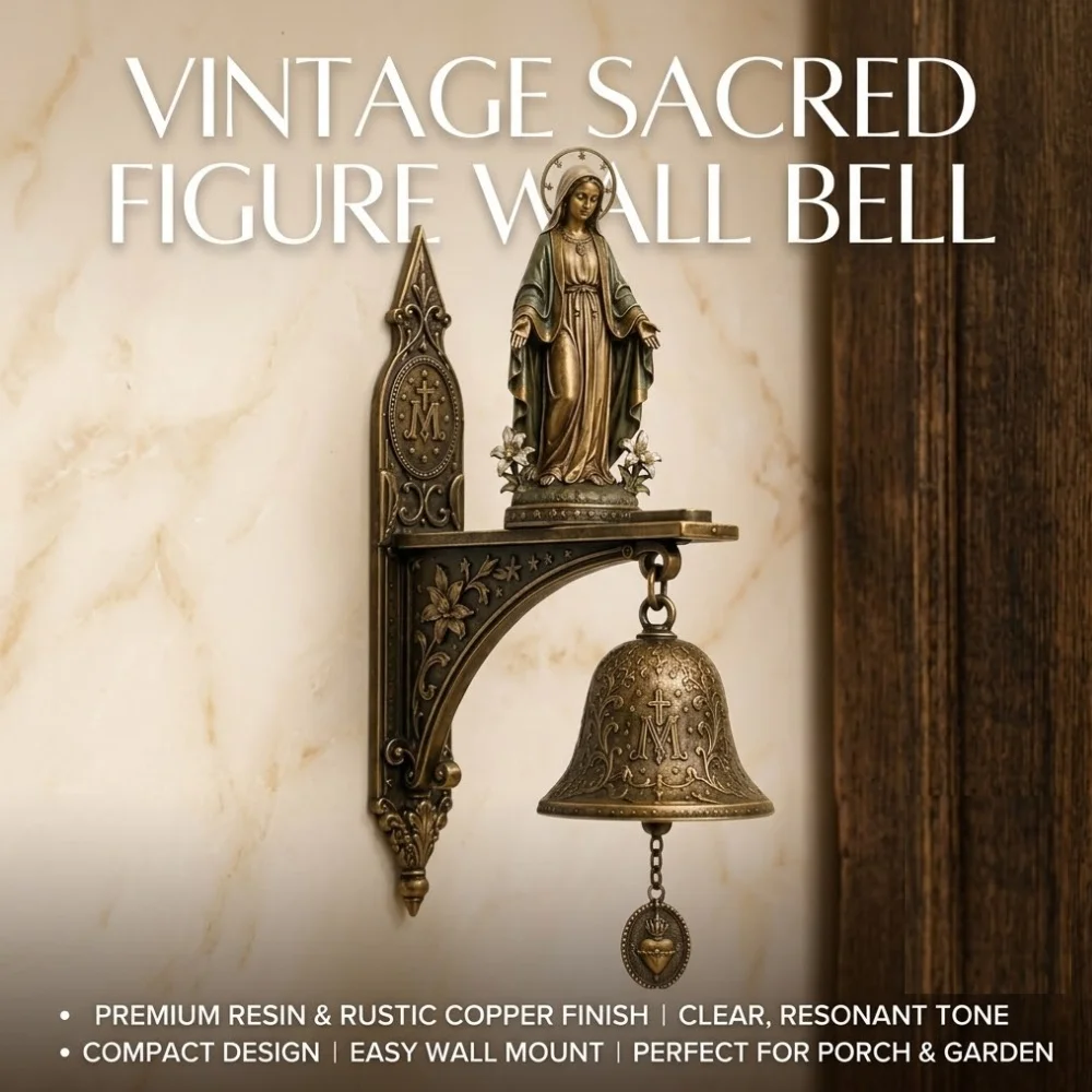 Campana de Pared con Figura Religiosa de Resina, Campana de Puerta Manual Vintage para Decoración de Hogar, Jardín o Patio, Adorno de Cobre Antiguo para Porche