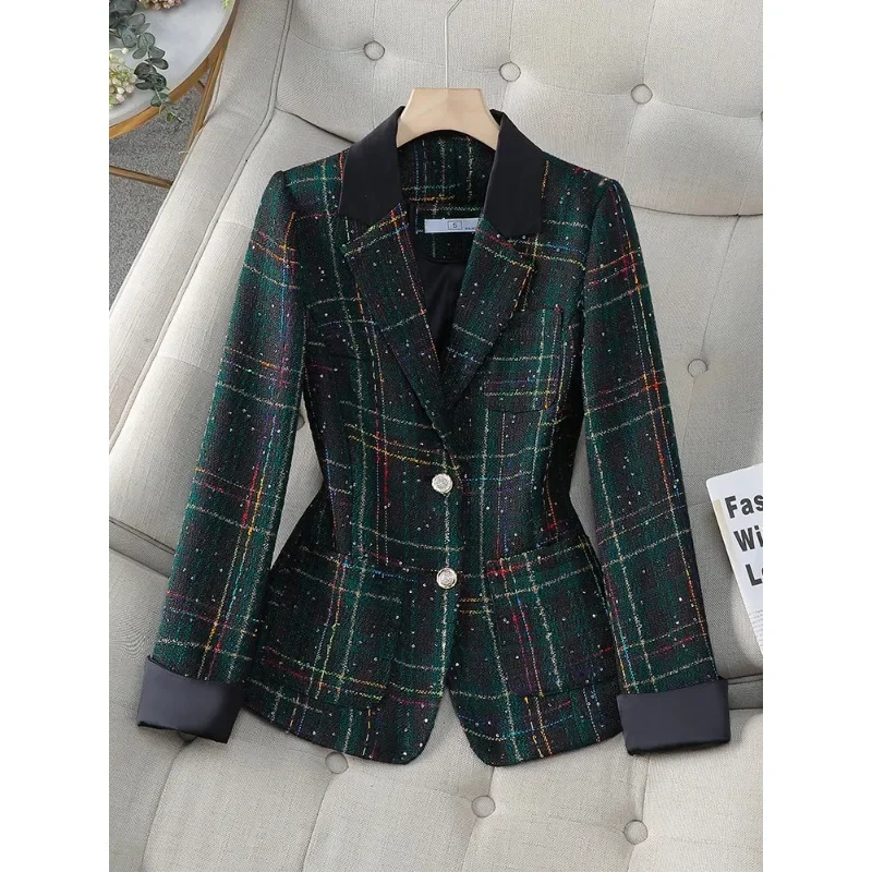 Autumn Winter Ladies Casual Blazer Women Jacket Black White Green Plaid Long Sleeve Single Breasted Female Coat