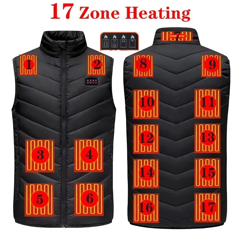 17 Areas Usb Heating Vest Winter Electric Heated Vest Men Women Electric Heating Thermal  Bodywarmer Clothes Inner Heat Vest