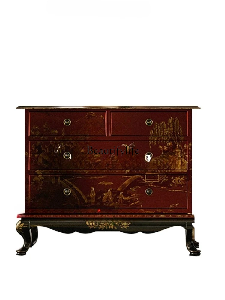 

Retro Hand-Painted Bedroom Bedside Table Master Bedroom Red Solid Wood Bedside Cabinet Storage Cabinet