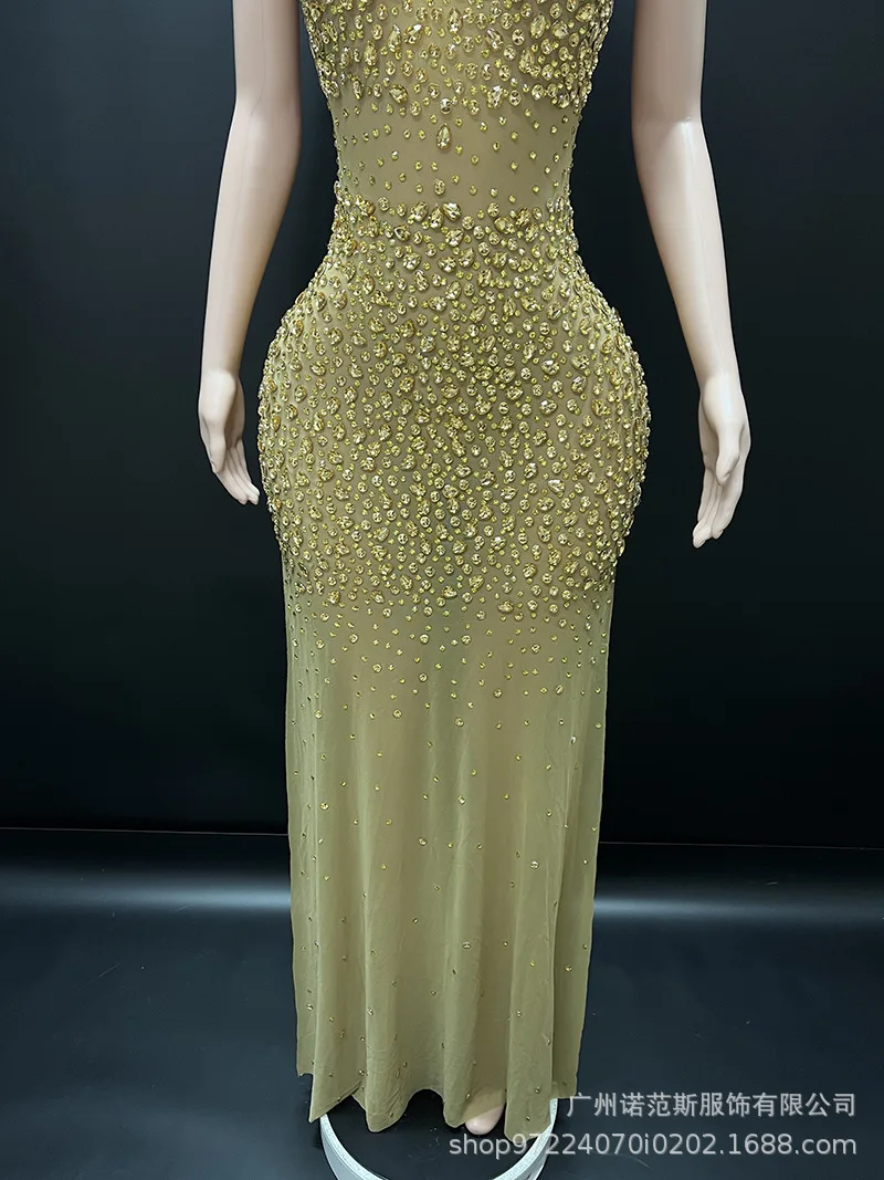 Robe Sexy à bretelles avec strass dorés, jupe de plage, vent, société, réunion annuelle, haut de gamme, robes de bal de luxe pour femmes