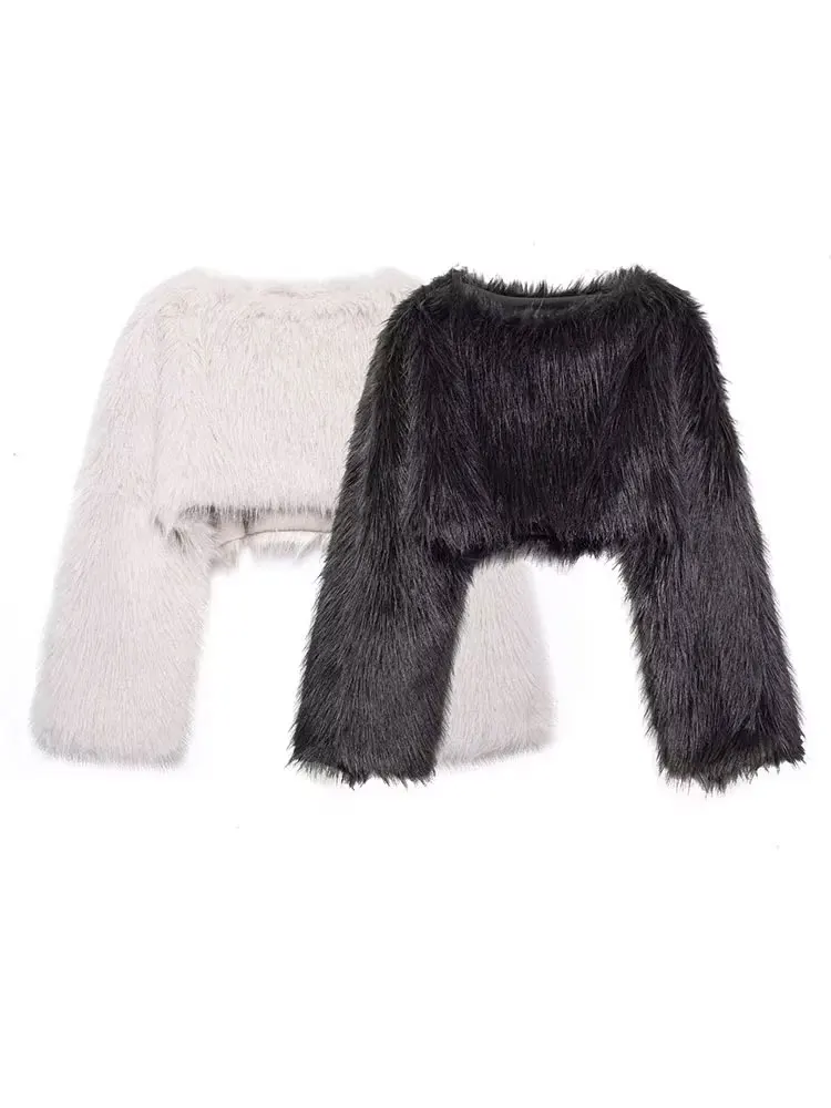 HH 2024 Woman Warm Faux Fur Short Pullover Sweatshirts Women Winter O-Neck Long Sleeve Casual Loose Top 2 Color Streetwear