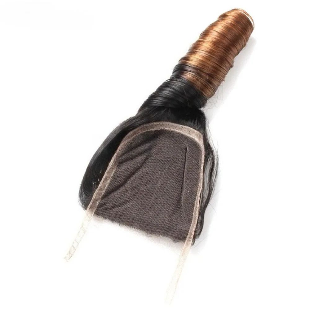 Blocco di capelli per persona reale 10A T1B/4 #   Chiusura di capelli umani reali al 100% di Remy vergine brasiliana con curvatura a molla a doppio colore