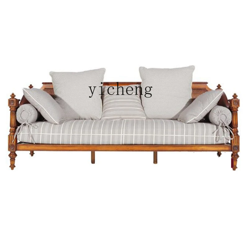 

ZK Vintage Vintage Carved Villa Luxury Rattan Solid Wood Small Apartment Three-Person Rattan Sofa