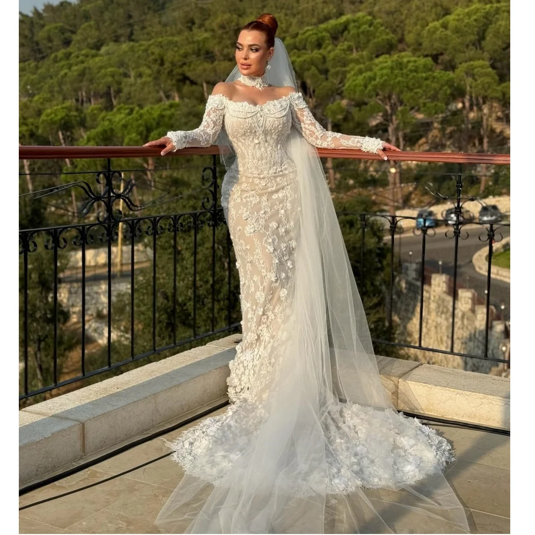 

Arabic Luxury Wedding Dresses Lace Long Sleeves Bridal Gown Off the Shoulder Flowers Party Dress robe de mariée Customized