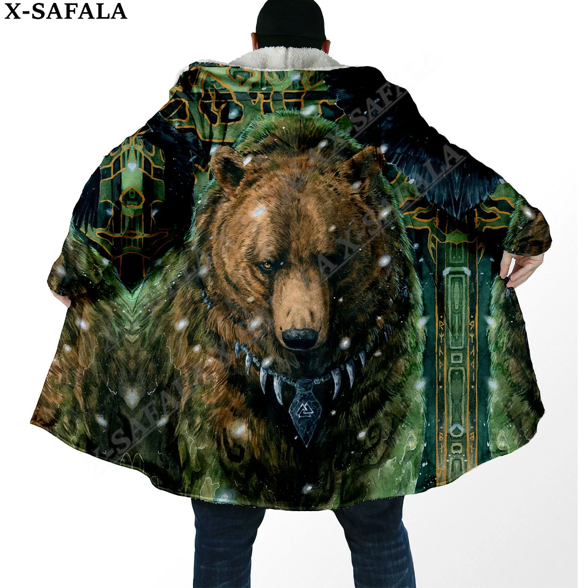 Viking Wolf Tiger Raven Mythical Creatures Overcoat Coat 3D Print Thick Warm Hooded Cloak  Men Windproof Fleece Unisex Casual-3