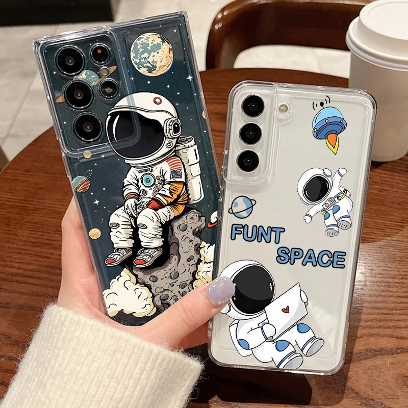 Cartoon Astronaut Case For Samsung S26 S25 Ultra S24 Plus S22 S23 S21 FE A54 A15 A35 A55 A16 A36 A56 A17 A37 A57 5G Clear Cover