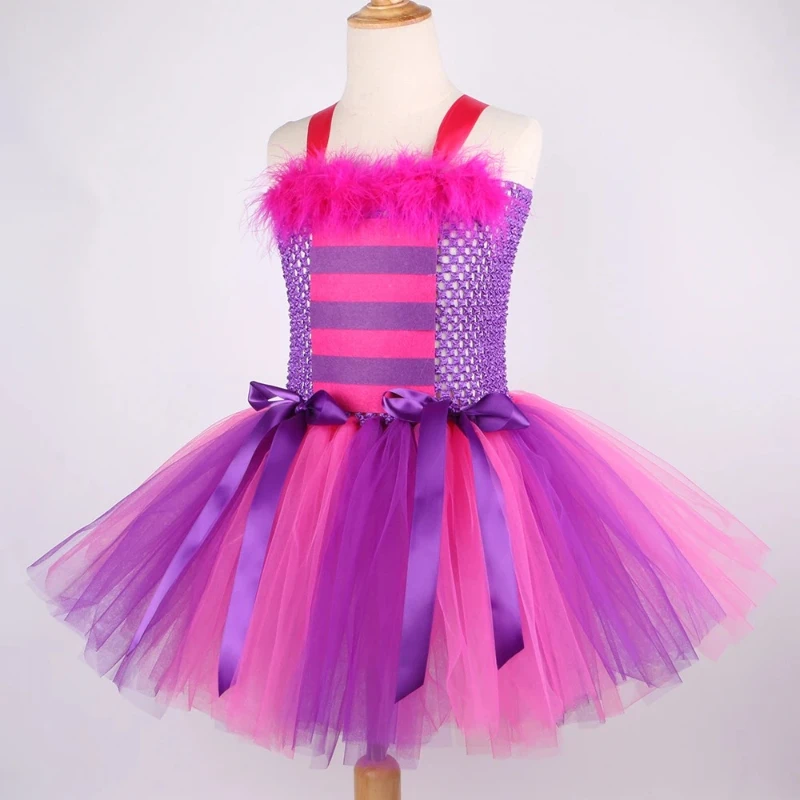 Cartoon Magic Striped Cheshire Cat Tutu Dress Set Girls Halloween Carnival Party Dress New Hot Purple Cat Kids Wonderland Outfit view 4