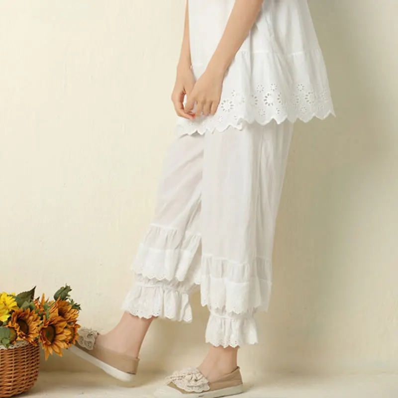 

Vintage Lantern Pants Casual Harem Pants Ruffles Lace Hem Lace Trim Bloomers Elastic Wasit Wide Leg Pants Elastic Bubble Pants