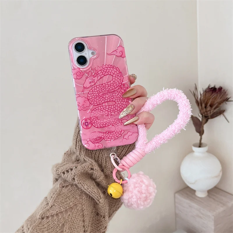 Chinese Year of the Snake Cute pink case for iPhone 16 Pro 15 Pro Max 14 13 Laser Snake Ball Lappel Shockproof phone case 13 Pro