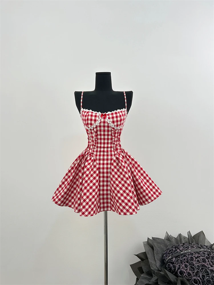 Summer French Prom Gown Ballet Mini Plaid Dress Women 2000s Aesthetic Evening Frocks Party Fairy One-Piece