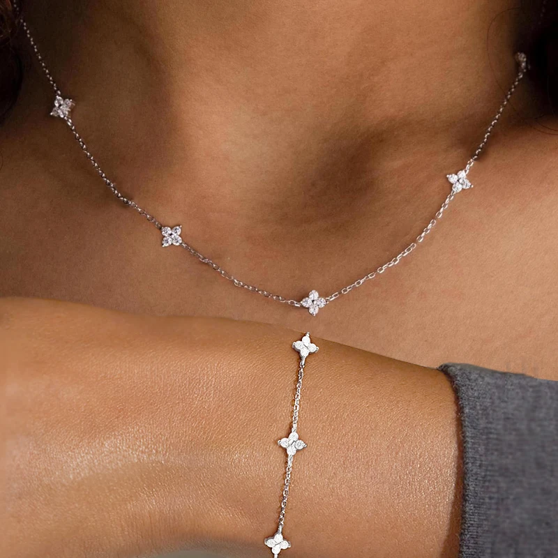 Rrjzz D-Color 3 mm Full Moissanite Clover Armband- und Halsketten-Set für Frauen, VVS1-Imitationsdiamant-Blumenschmuck, Geburtstagsgeschenke – Detail 3
