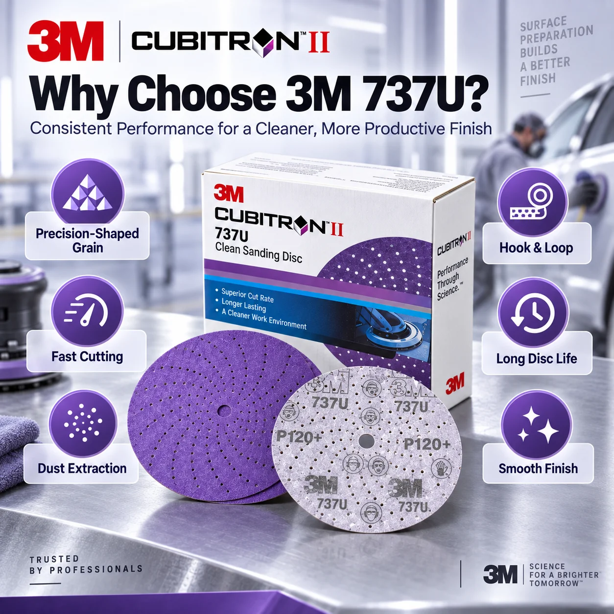 3M 737U Cubitron II Sanding Disc Multi-Hole Hook & Loop Fast Cutting for Auto Body Paint Primer Putty Surface Prep P80-P600