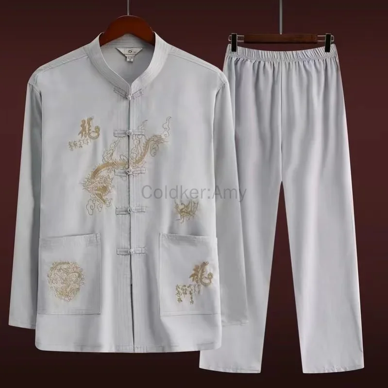 خمر التنين تانغ دعوى الرجال Hanfu الملابس الصينية التقليدية الكونغ فو قميص موحد معطف بأكمام طويلة بلوزات وسراويل #6