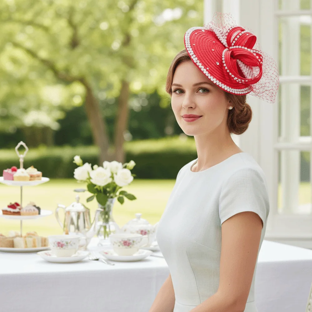 Rhinestone Studded Fascinator Hat Bowknot Design Detachable Birdcage Veil Headpiece Pre-Shaped Layered Flower Derby Fascinator
