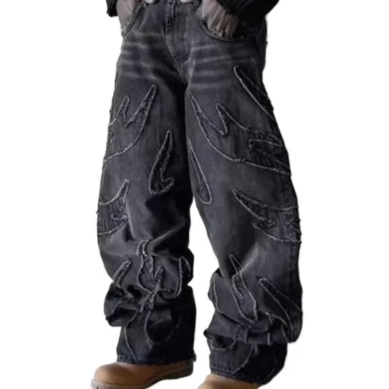 

Baggy Jeans for Men Y2k Hip Hop Distressed Retro Black Pants Oversized Embroidery Harajuku Gothic Wide Leg Trousers Streetwear