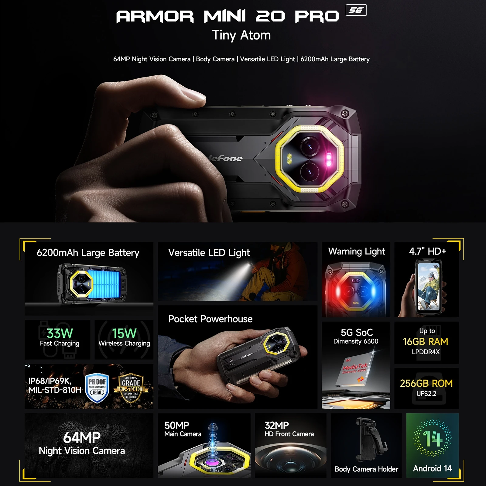 هاتف Ulefone Armor Mini 20 Pro متين 8GB + 256GB 4.7 بوصة أندرويد 14 MTk الأبعاد 6300 5G NFC 6200mAh 33W 50MP هاتف ذكي