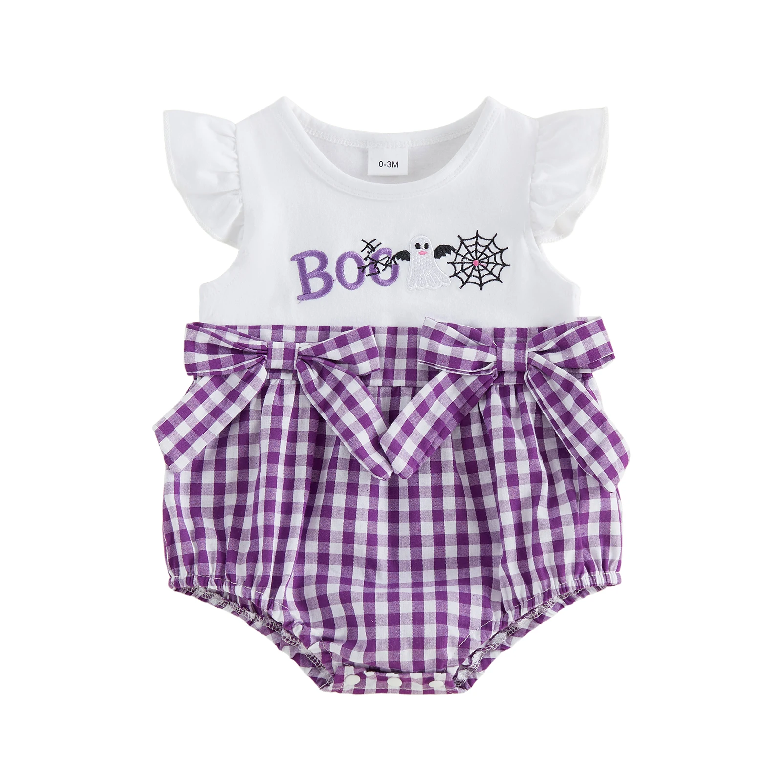 Baby Girls Halloween Plaid Romper Flying Sleeve Crewneck Ghost Spiderweb Embroidery Bodysuit with Bow