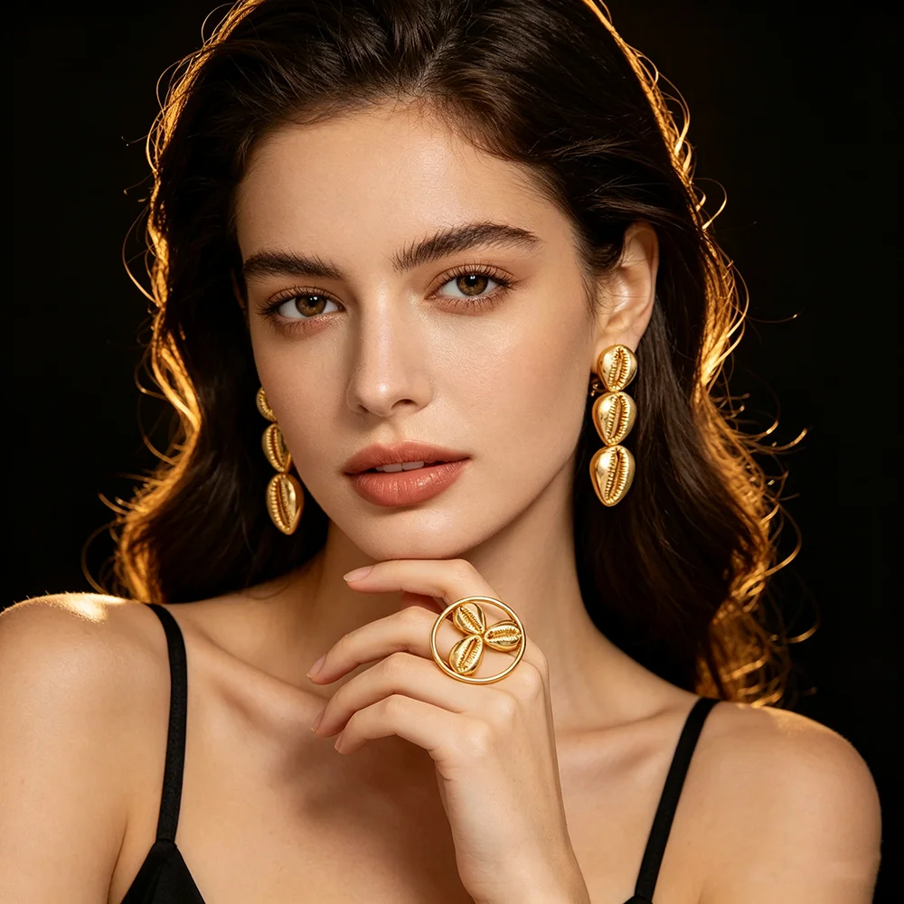 Damen 18K vergoldetes Muschel-Ohrring- und Ring-Set, afrikanisches ethnisches Statement-Schmuckset, Geschenk für Party und Hochzeit – Detail 5