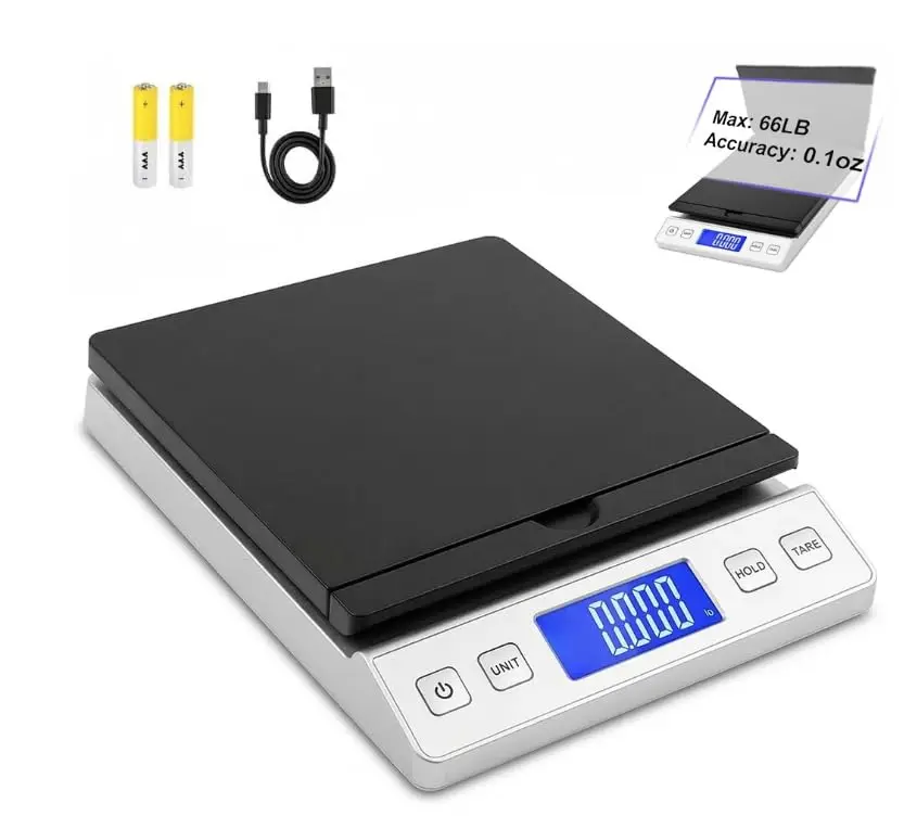 

High-Accuracy Digital Postal Scale, 66 lb Capacity, 0.3 oz Readability, USB-C & Battery Powered
