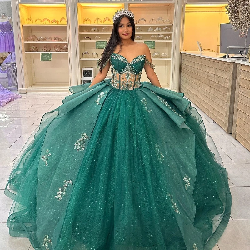 ANGELSBRIDEP-vestidos de quinceañera verde esmeralda para mujer, vestido de baile Sexy con hombros descubiertos, vestidos de princesa con Apliques de encaje, 15 años