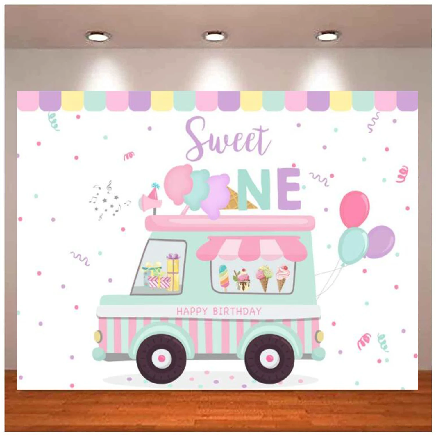 Ice Cream Truck Shop Photography Backdrop Happy 1st Birthday Sweet Baby Girls Party Background Balloon Car Cake Table Decoration