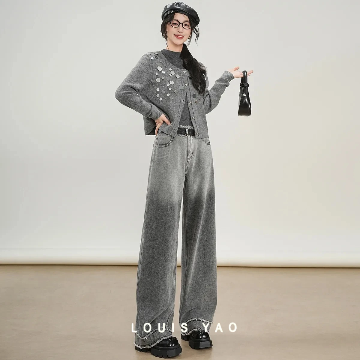 

LOUIS YAO женские джинсовые брюки, осень 202, джинсы с высокой талией, потертый край, длинные прямые брюки с градиентом