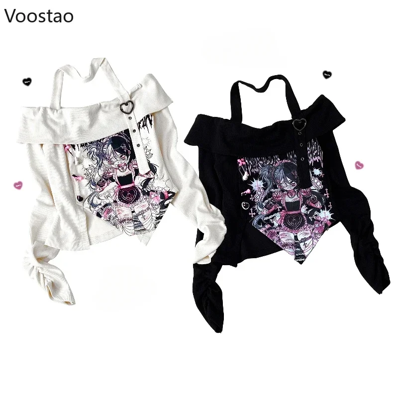 Y2k Aesthetic Japanese Anime Print Slash Neck Slim T-shirts Women Vintage Halter Off Shoulder Tshirts Grunge Gothic Tees Tops