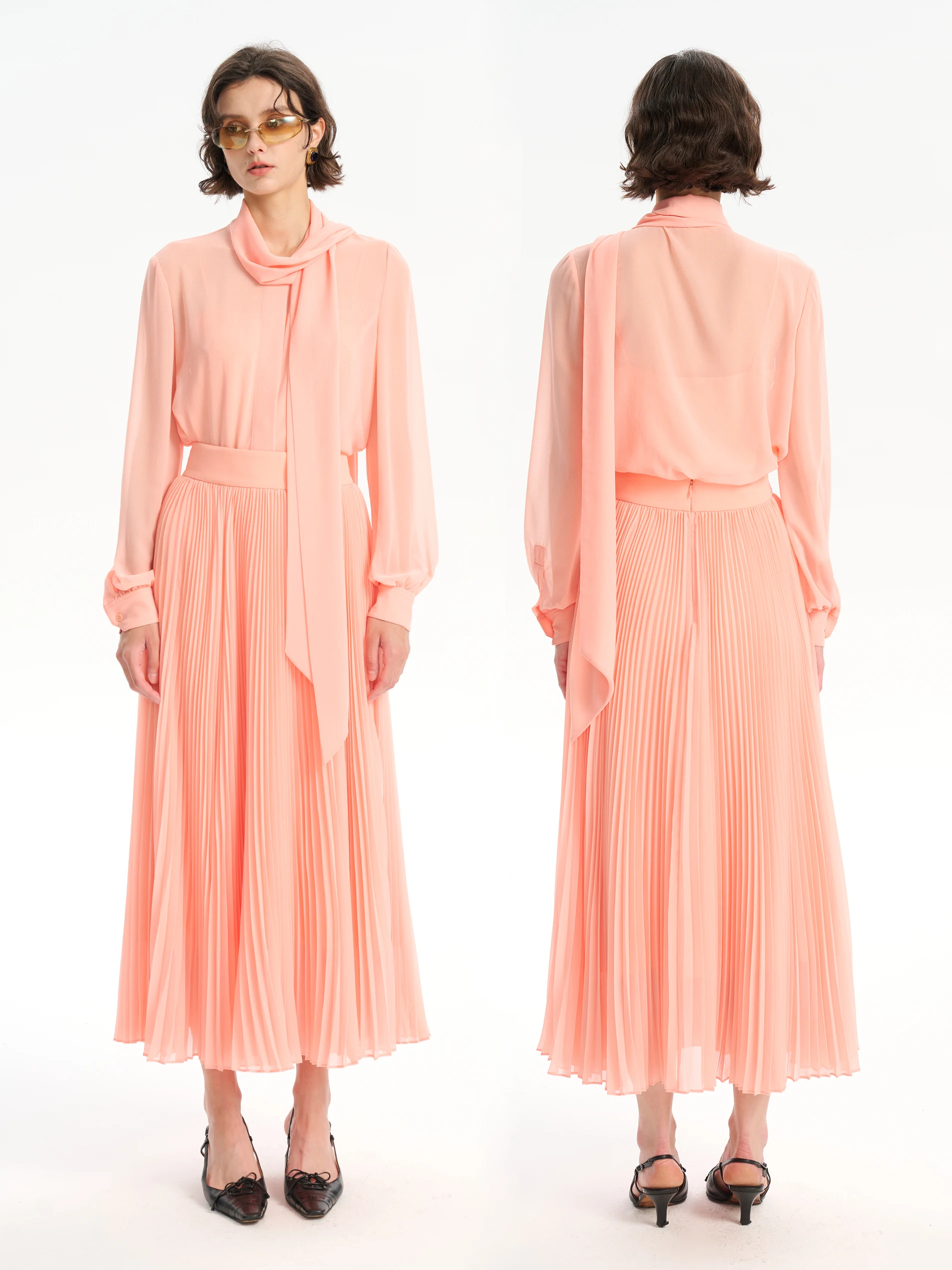 

YIMAIMAI Sunset Plum Shirt with Sash High Waist Pleated 3D Orange Color Long Sleeve Casual Style Women's Fashion Set