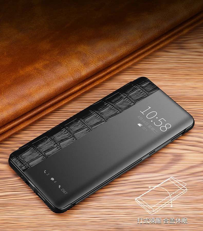 Luxury P30 Smart Case with 3D Crocodile Skin Texture Window View Genuine Leather Case for Huawei P30 PRO Shockproof Flip Case