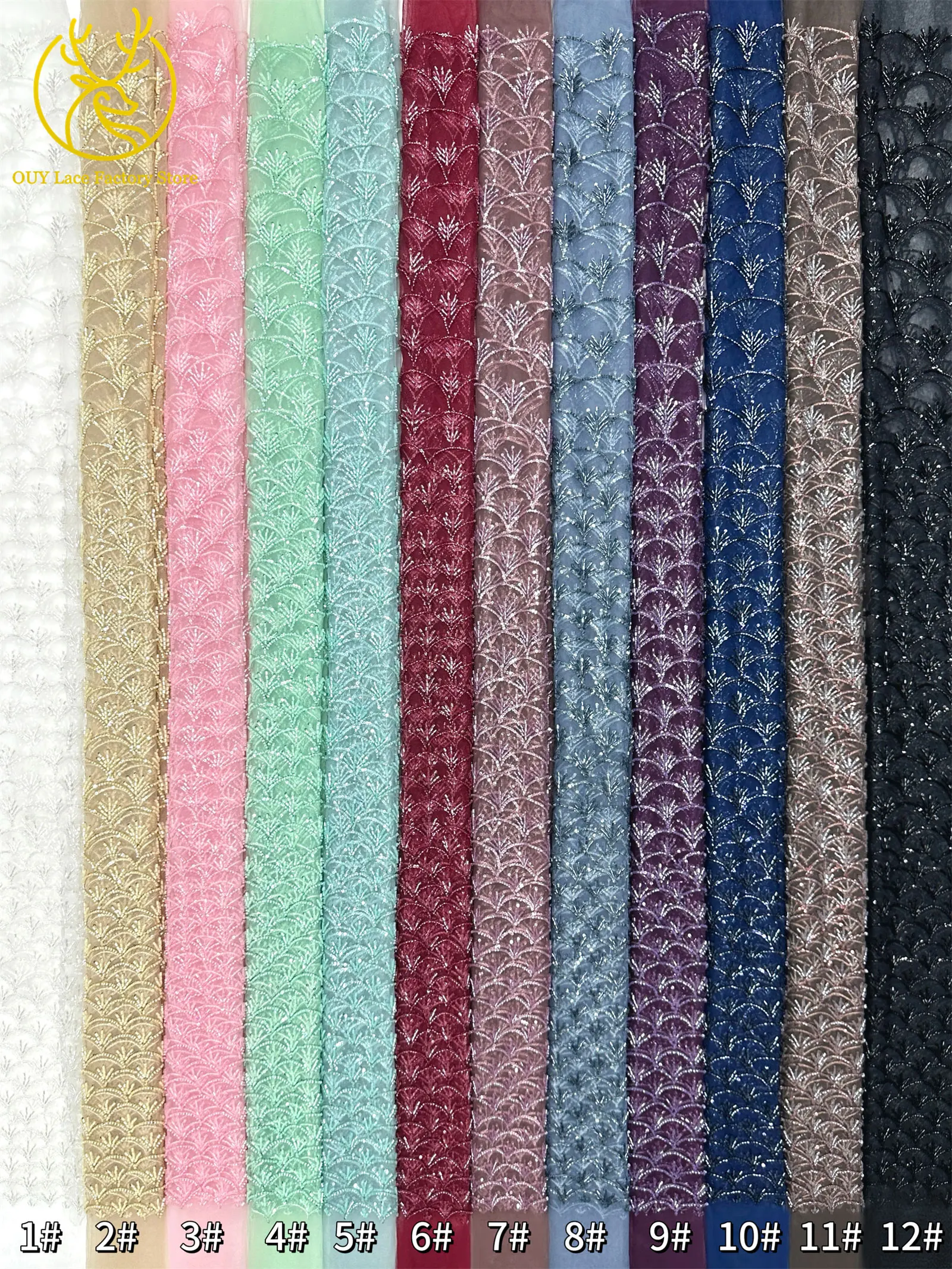 Rosa Neues Design Handgefertigter Perlen-Spitzenstoff Französischer Hochzeitsstoff Nigerianischer Pailletten-Perlen-Stickerei Tüll-Spitzenstoff – Detail 3