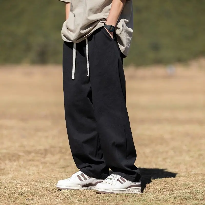 Spring Autumn Pure Cotton Wide Leg Trousers Man Fashion Solid Color Elastic Waist Pockets Patchwork Drawstring Patchwork Trouser