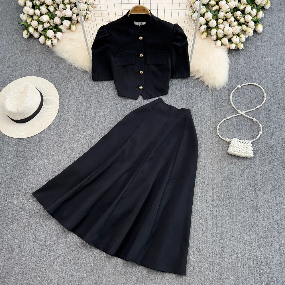 

Faionable ort Bubble Sve воротник-стойка комплект из двух предметов с высокой талией юбка для молодых женщин полиэстер лето