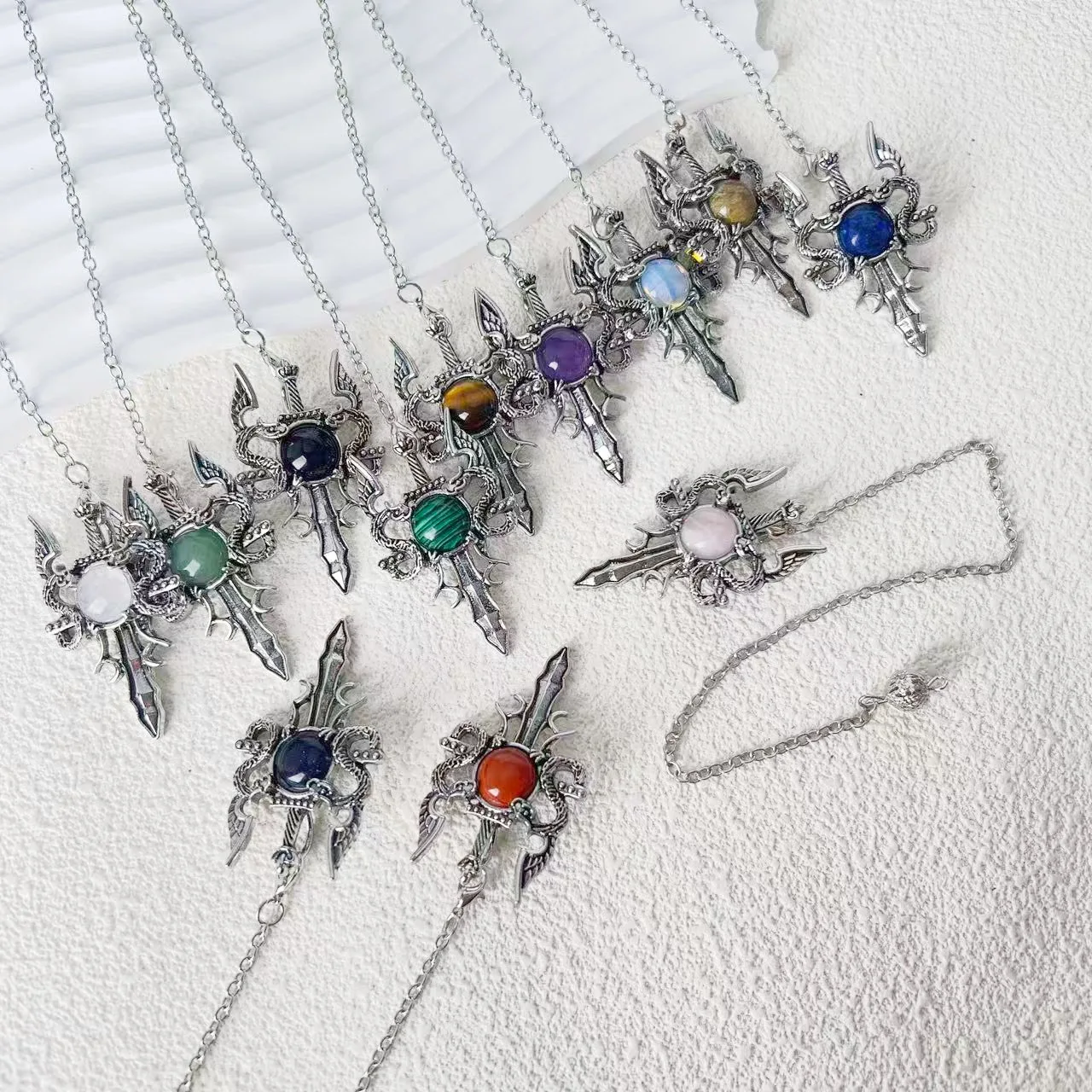 Gothic Dragon Sword Natural Crystal Pendants, Punk Amulet Jewelry Gift for Him Her