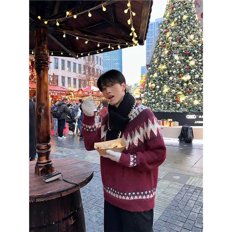 

Korean Cisas Red Loose Knitted Sweater round Ne Pullover Men's Winter Lazy Top Quali Material Comfortable Fit Sle