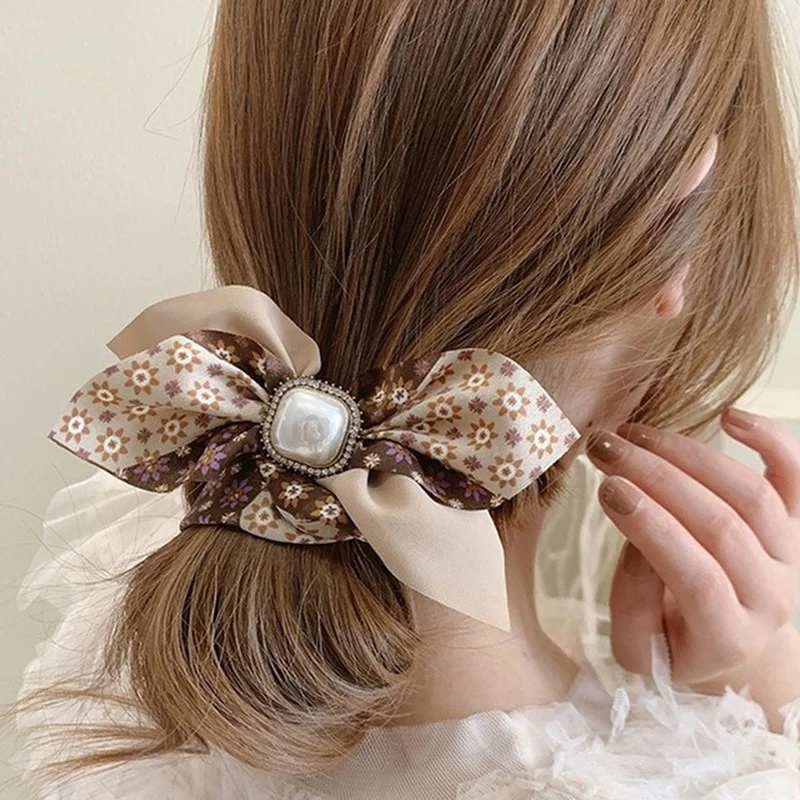 Diamond-Studded Pearl Floral Bow Large Intestine Hair Ring Super Fairy Headdress Girl Sweet Heart Hair Styling Accessories