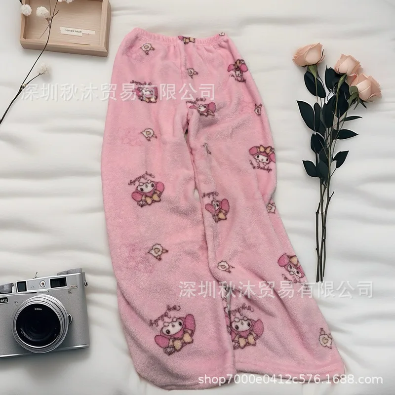 Celana Piyama Plush My Melody Kuromi Kartun Y2K Hello Kitty Kawaii Baru Musim Gugur Musim Dingin Wanita Lembut Tebal Celana Manis Hadiah untuk Gadis