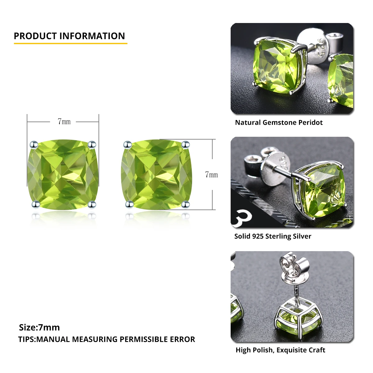 Natural Peridot 925 Sterling Silver Stud Earrings 3.56 Carats Genuine Gemstone Party Jewelry Simple Style Fine Jewelry