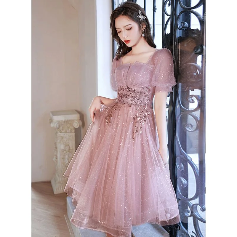 Dress Women Elegant Sequin Square Neck Solid Color Short Sleeve Mid-length A-line Skirt Spring Summer Female Clothing Pink 4XL