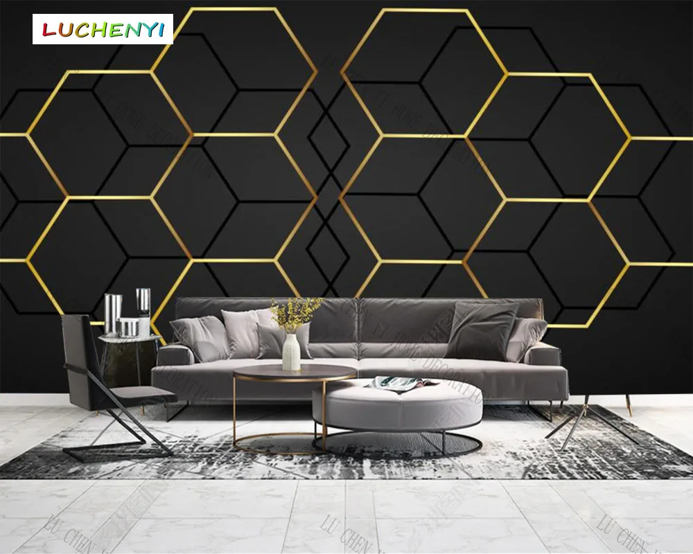 Custom  Abstract golden line hexagon Geometric 3d wallpaper,Living Room tv wall Bedroom home decor KTV  bar mural