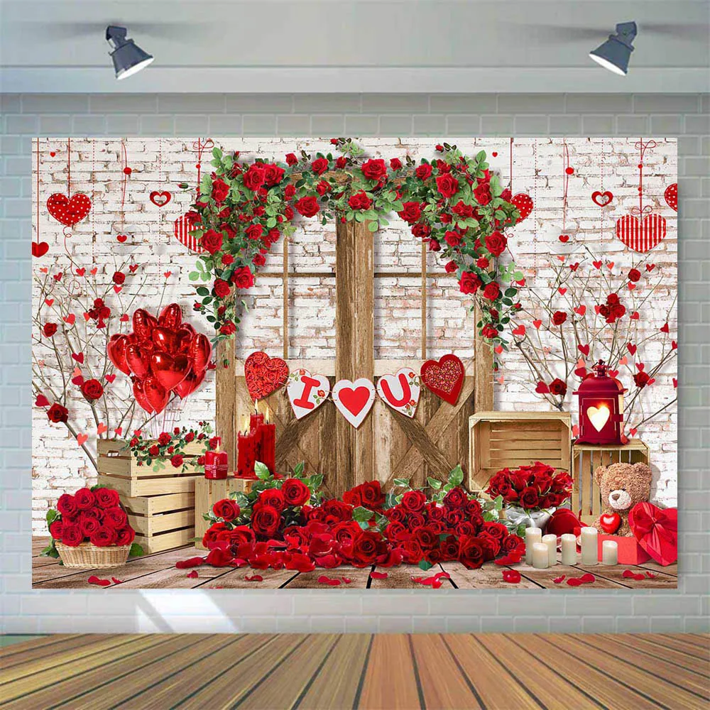 Mocsicka Valentine's Day Red Rose Backdrop Love Heart Flowers Wall Toy Bear Photography Background Party Decor Studio Photoshoot